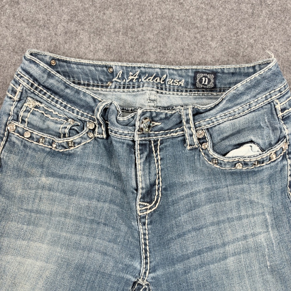 LA Idol USA Womens Bootcut Jeans Size 11 Medium Wash Rhinestone Embellished Y2K - Picture 2 of 14
